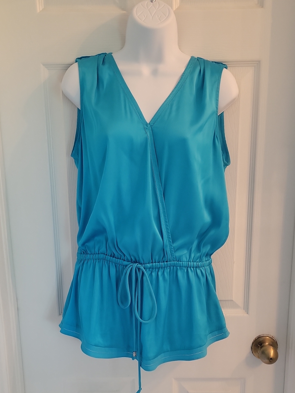 WHBM Sleeveless Teal V-Neck Drawstring Waist Blouse